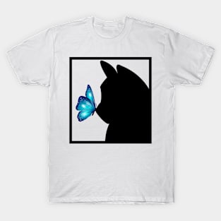 Blue Butterfly sitting on nose of Black Cat T-Shirt